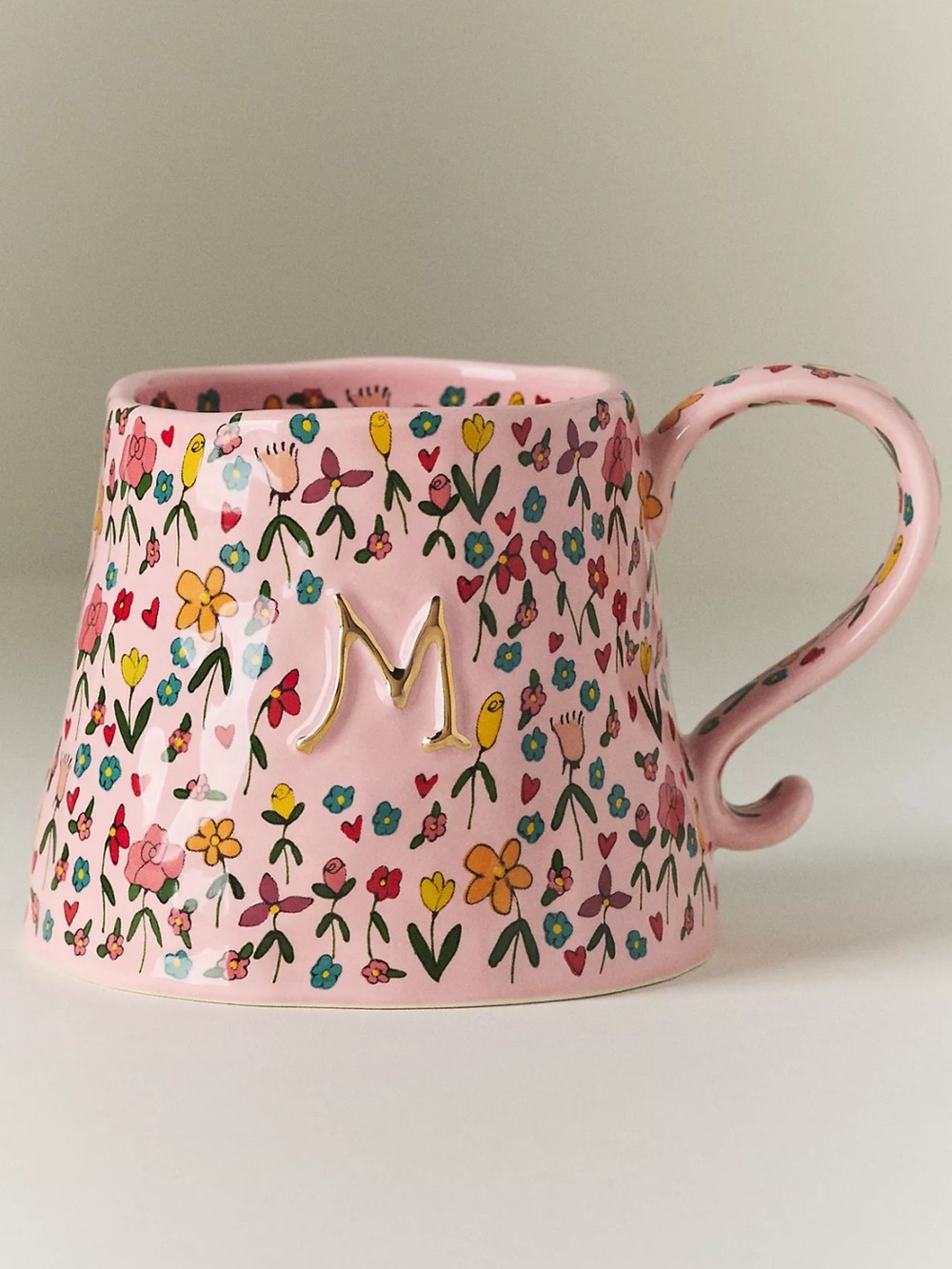 Anthro The Mud Fairy Stoneware 24k Gold Accent Monogram Mug M